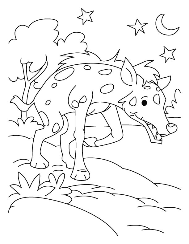 Kolorowanka do druku: Tajemniczy świat zwierząt - Hyena w nocnym lesie kolorowanka do druku